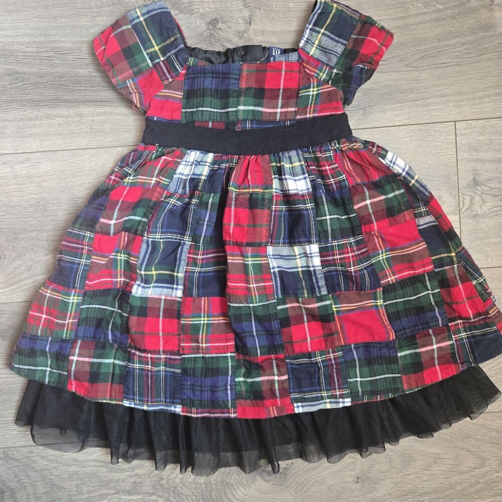 Baby Gap Girls 2T Patchwork Plaid Tartan Dress Christmas Holiday Black Tulle Bow